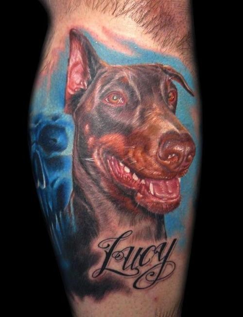 eccezionale colrato Doberman su sfondo blu con nome tatuaggio su stinco