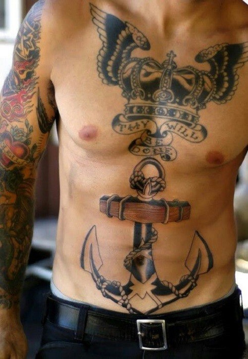 Large traditional anchor on torso with winged crown chest piece tattoo