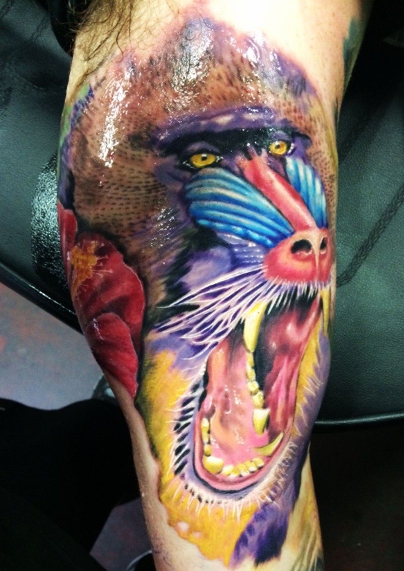 Large wonderful colorful baboon head tattoo on arm