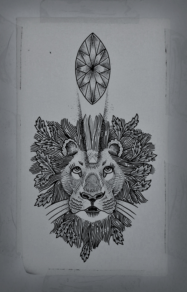 Leaf-decorated lion head and the third eye shining tattoo design
