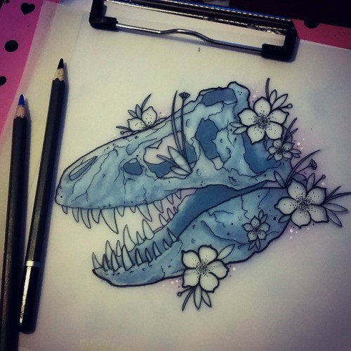 Light blue dinosaur skull with little white cherry flowers tattoo design