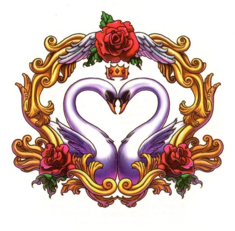 Light purple crowned swans in golden frame with red roses tattoo design
