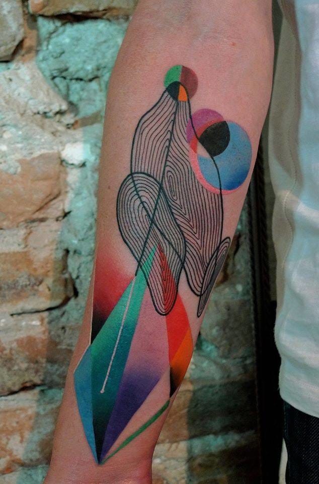 Linework style colored forearm tattoo of finger prints by Mariusz Trubisz