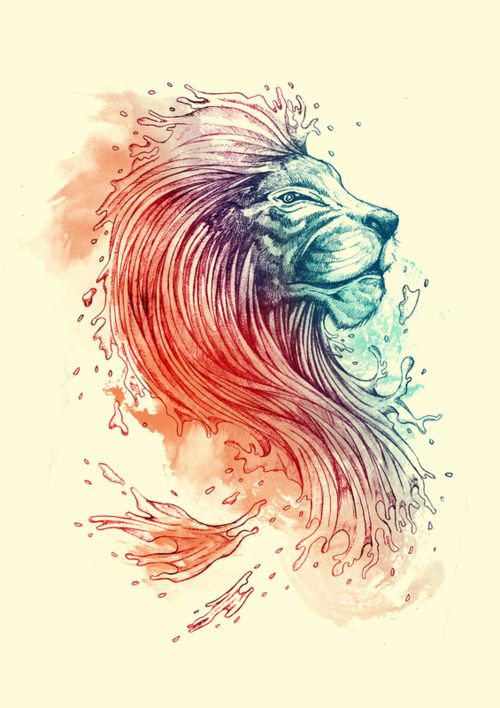 Lion profile in turquoise and orange shining tattoo design