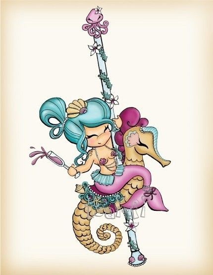 Little animated smiling girl riding carousel seahorse tattoo design