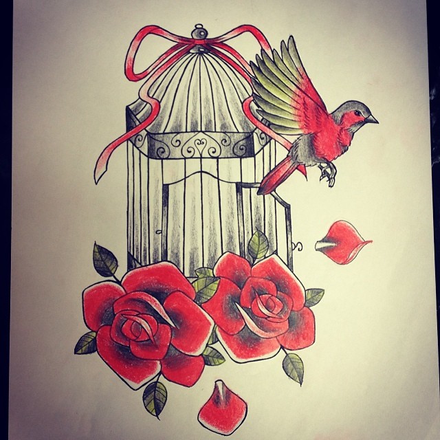 Little bird flying from cage with roses in black-and-red colors tattoo design