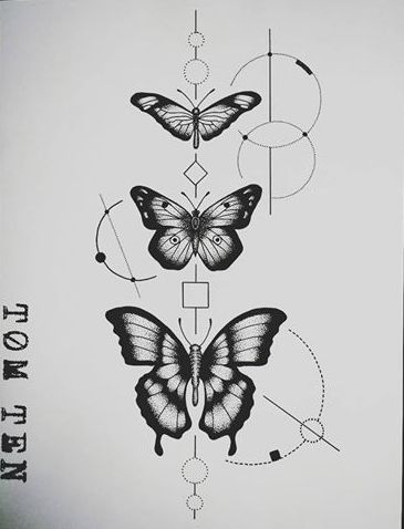 Little black butterfly row with geometric drawings tattoo design