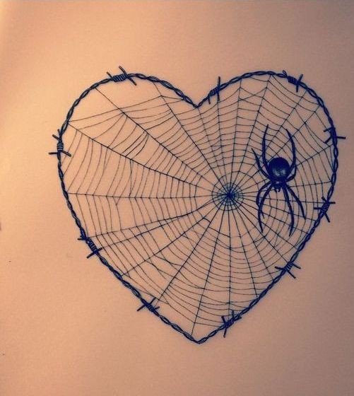 Little black spider sitting on heart-shaped net tattoo design