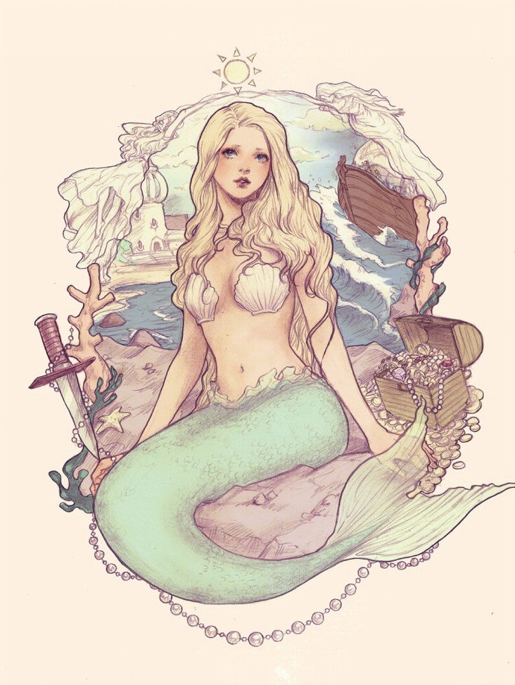 Little blondy mermaid sitting on framed sea view background tattoo design by Jdarnell