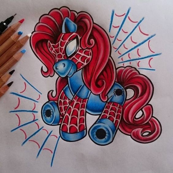 Little blue-and-red spiderman horse and web tattoo design