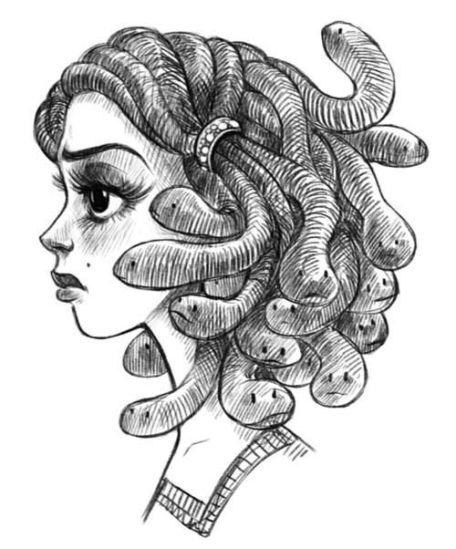 Little cartoon medusa gorgona girl in profile tattoo design