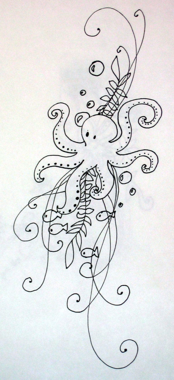 Little cartoon octopus with weeds tattoo design