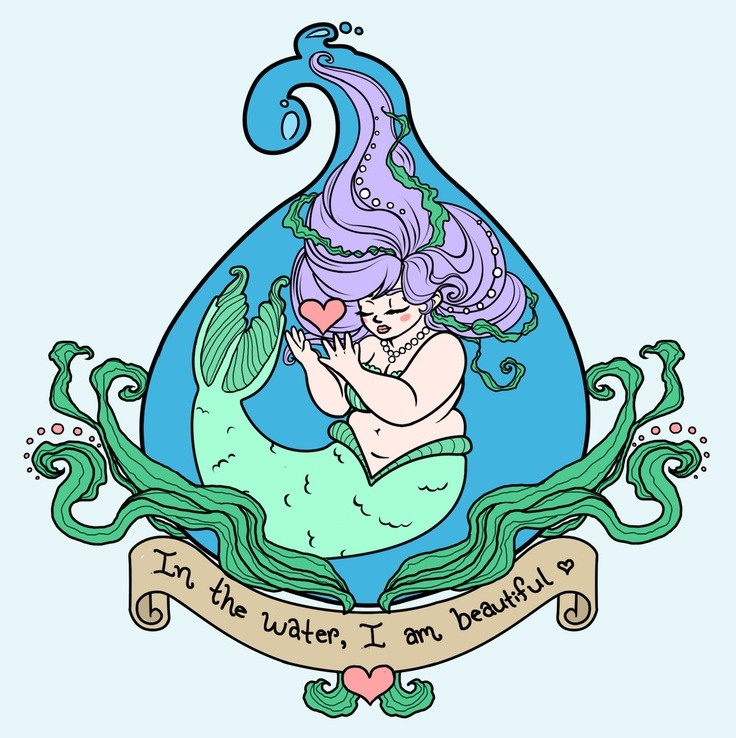 Little chubby purple-haired mermaid in blue bulb with weeds and banner tattoo design