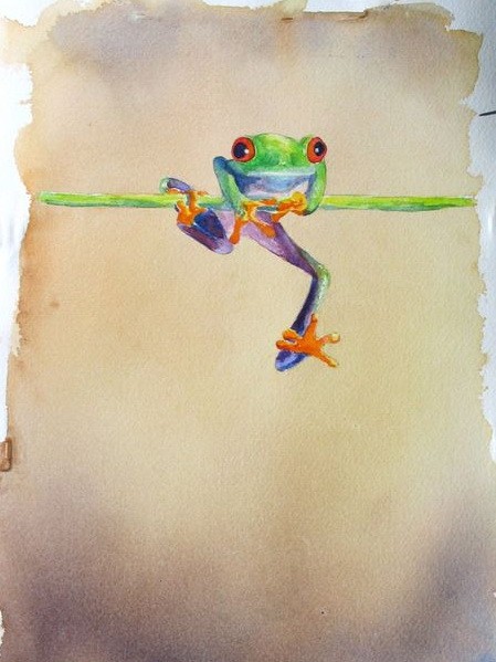 Little colorful frog tryint to stay in thin stem tattoo design