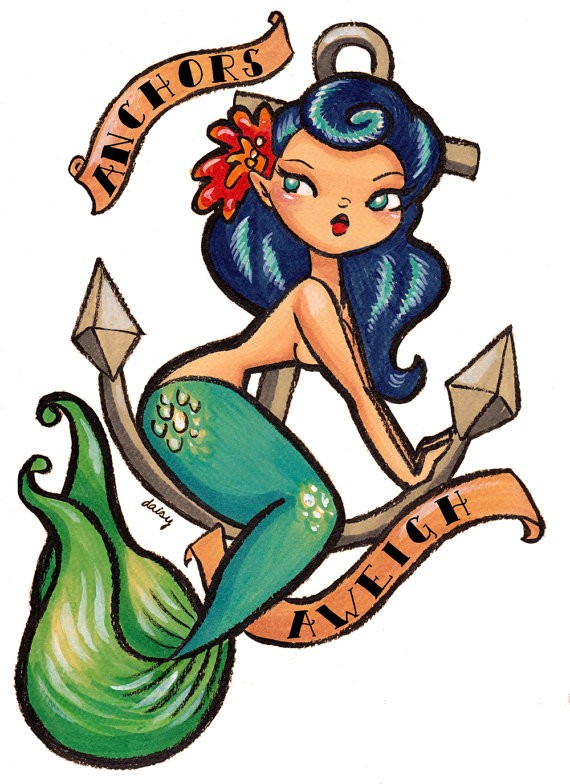 Little colorful mermaid sitting on anchor with banners tattoo design