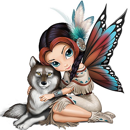 Little colorful native american fairy with a wolf tattoo design