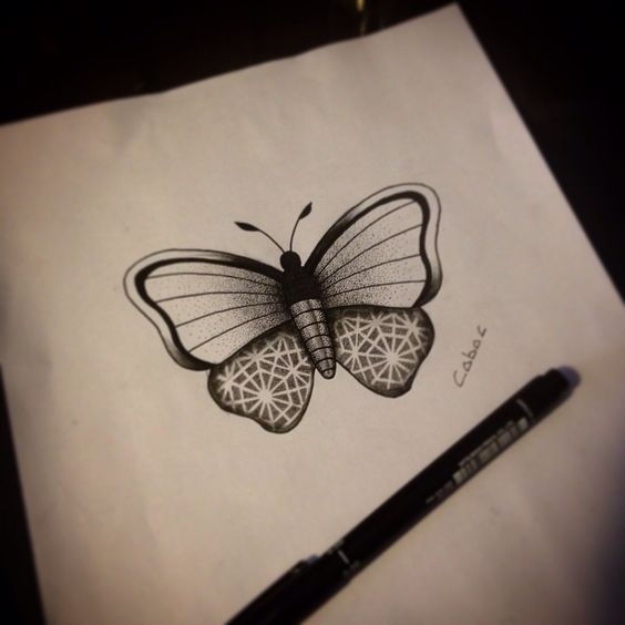 Little dotwork butterfly with geometric ornament tattoo design