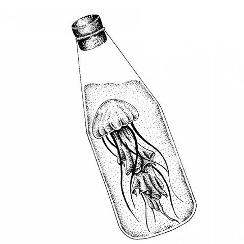 Little dotwork jellyfish corked in bottle tattoo design