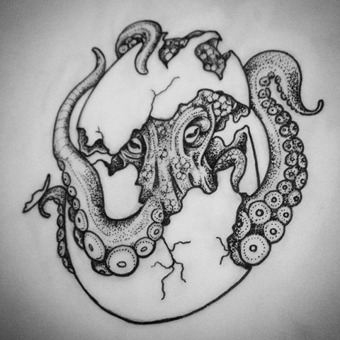Little dotwork octopus hatching from egg tattoo design