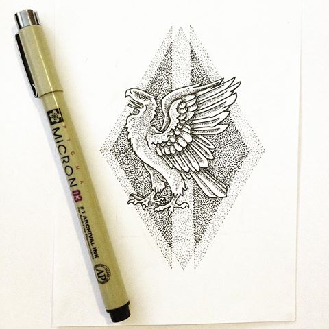 Little full-sizw eagle on dotwork rhombus background tattoo design