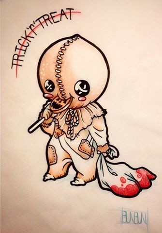 Little ghost liking a candy pulling a bloody bag and strikethrough lettering tattoo design