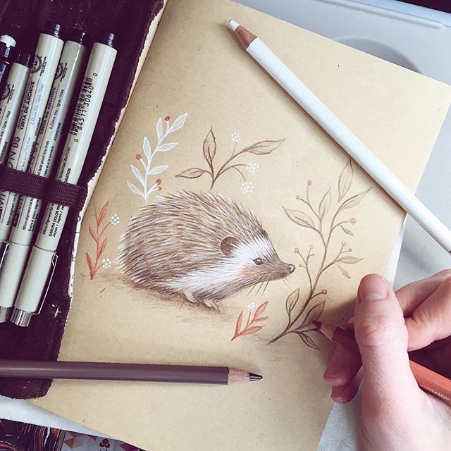 Little grey hedgehog among herbal branches tattoo design
