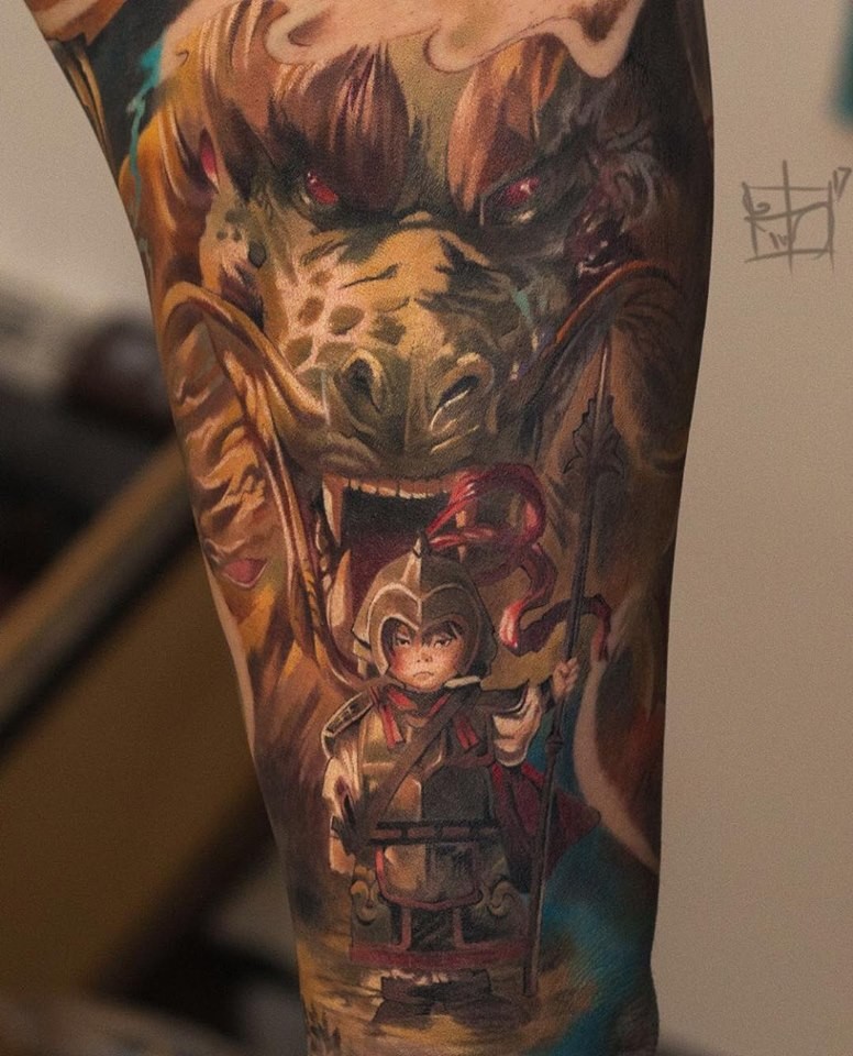 Little knight and dragoon tattoo on arm