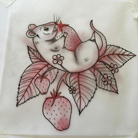Little mouse and strawberry bush tattoo design