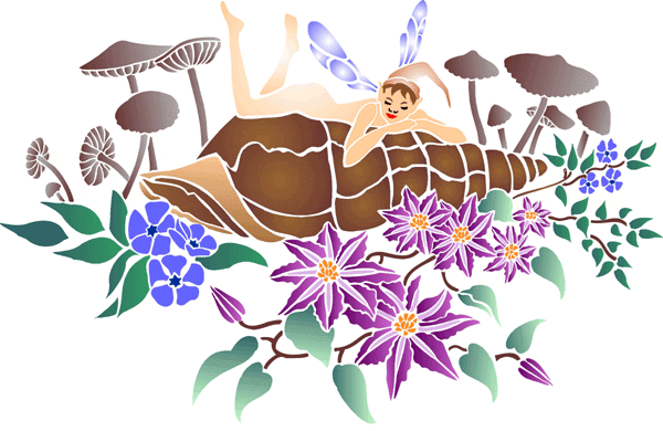 Little naked fairy lying on a huge shell among flowers tattoo design