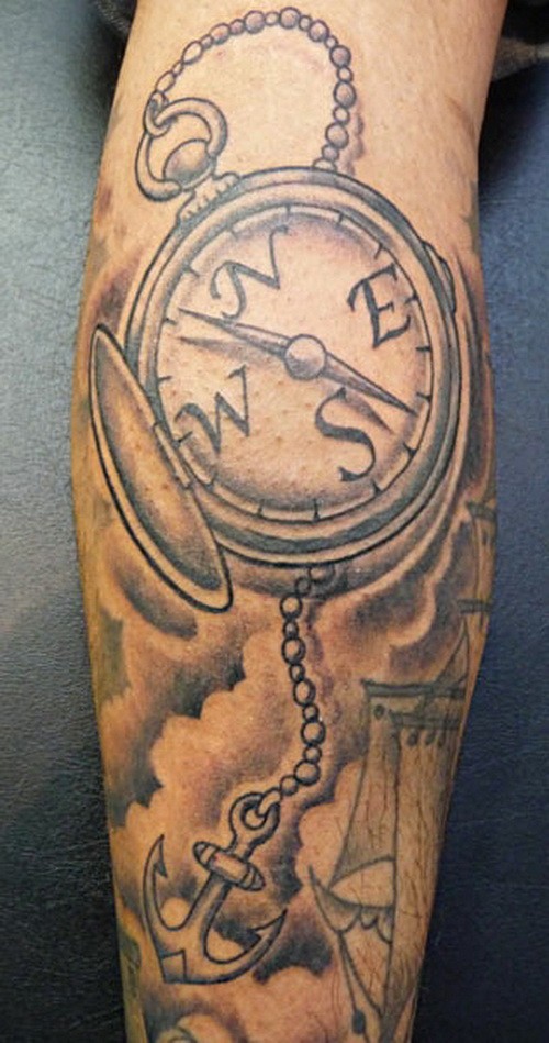 Little old school anchor chained with huge compass tattoo for men on forearm