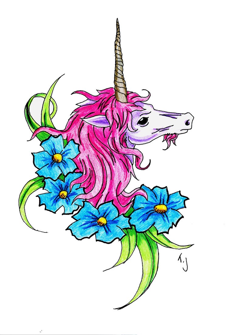 Little pink-mane unicorn and nlue flowers tattoo design by Silgan