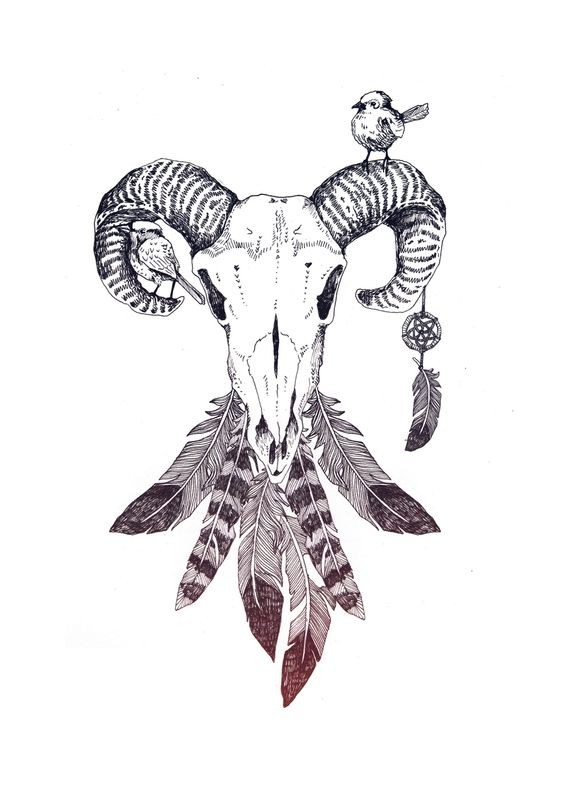 Little ram skull with birds and feathers tattoo design