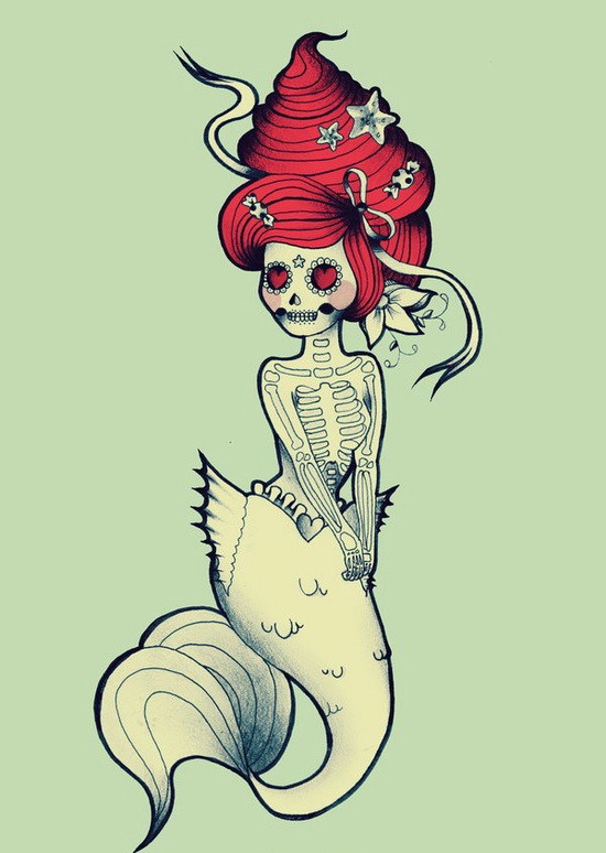 Little red-haired muerte mermaid tattoo design