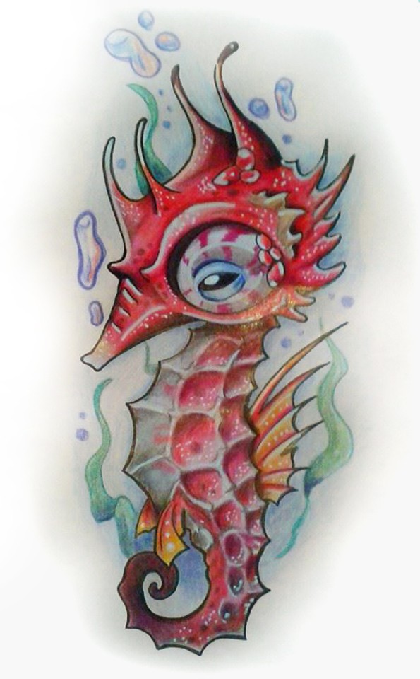Little red new shool seahorse and seaweeds by Frufru Punk