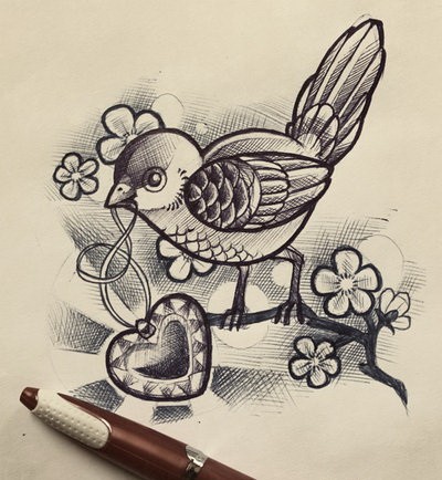 Little sparrow with heart medallion sitting on blossom branch tattoo design by Arsamandii Arts