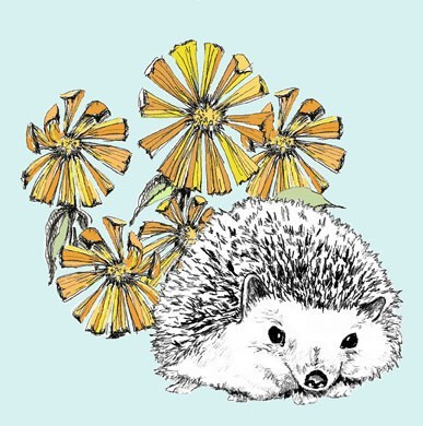 Little uncolored hedgehog and high yellow flowers tattoo design