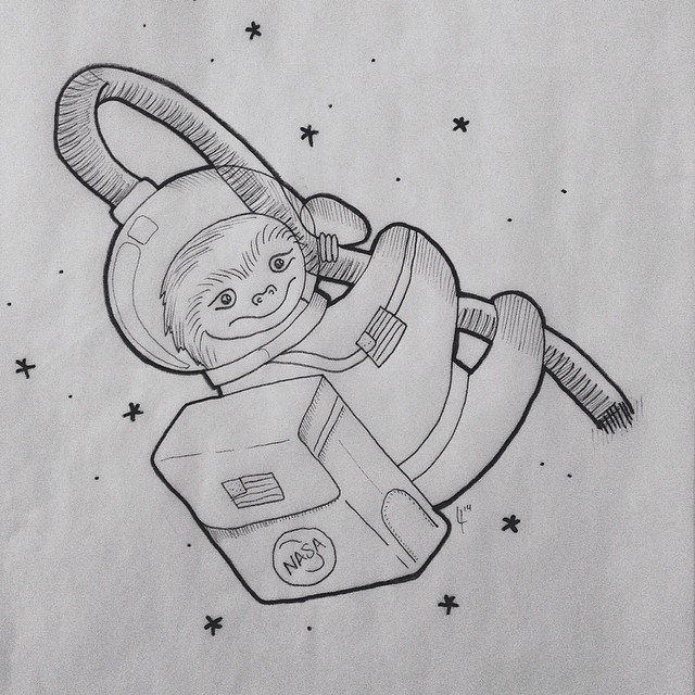Little uncolored sloth cosmonaut flying in space tattoo design