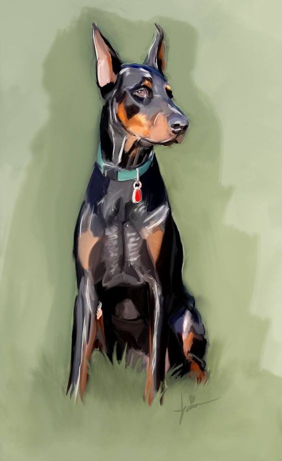 Lonely colored sitting doberman with turquoise collar tattoo design