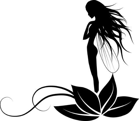 Long-haired fairy standing in lotus flower bud tattoo design