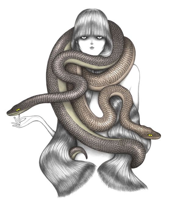 Long-haired girl curled with heavy brown reptiles tattoo design