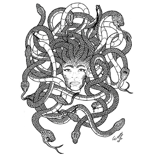 Long-snake medusa gorgona head in hard scale tattoo design