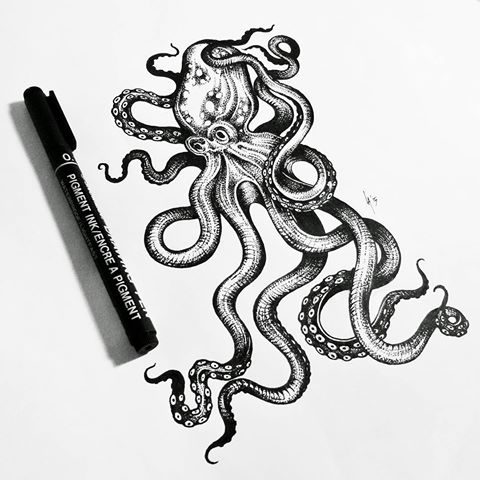 Long-tentacled octopus with dotwork effect tattoo design