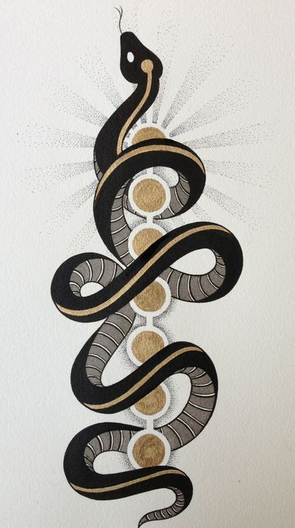 Long black snake and brown circles tattoo design