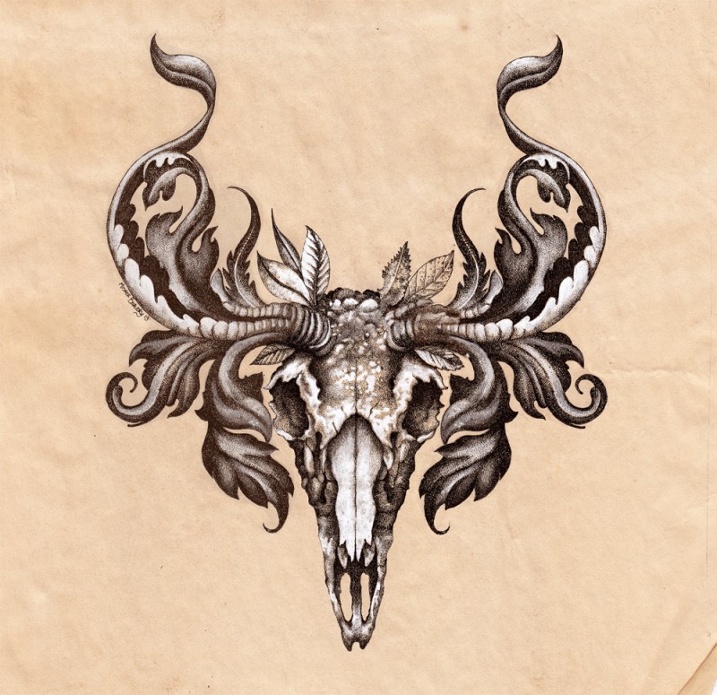 Lordy black-and-white deer with curled leaved horns tattoo design by Uriels Tempest