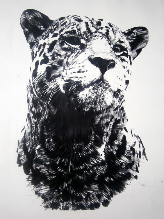 Lordy black-and-white jaguar portrait with lifted head tattoo design