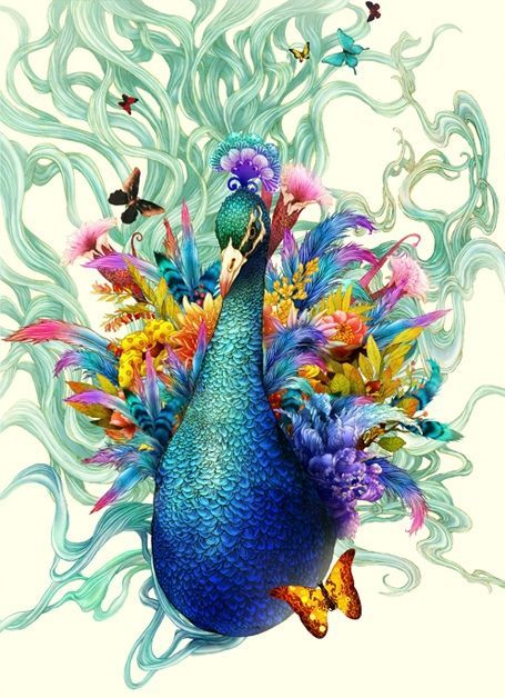 Lordy colorful peacock with flying butterflies tattoo design