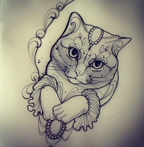 Lordy decorated cat in frilled cuffs tattoo design