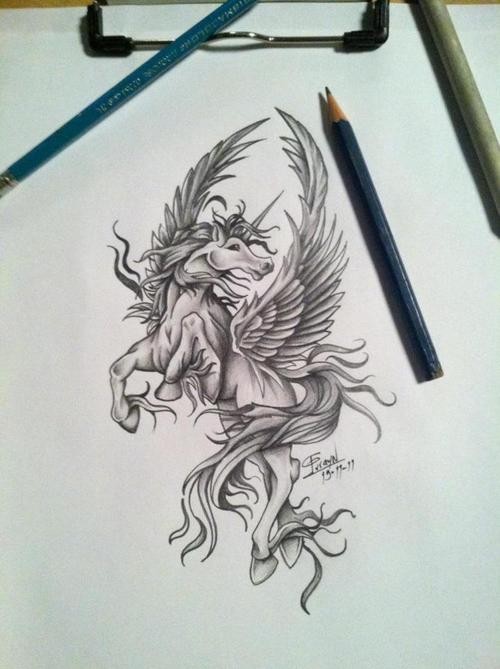 Lordy grey-ink flying unicorn pegasus tattoo design