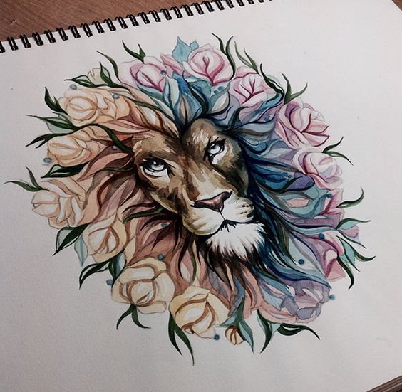 Lordy lion head with orange-and-pink flowered mane tattoo design