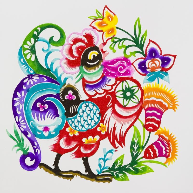 Lordy multicolor folk-style rooster on floral backgroun tattoo design